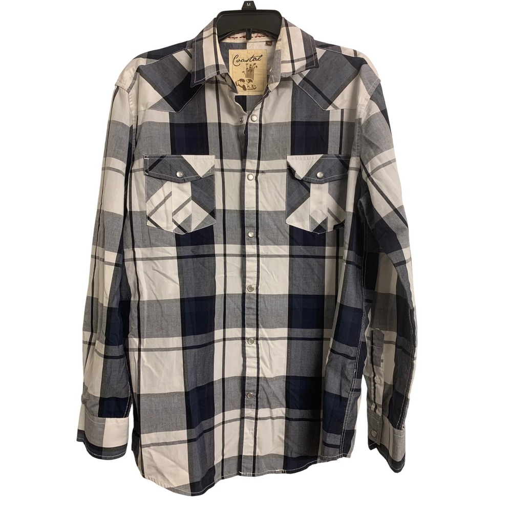 Coastal  Large Blue White Plaid Western Pearl Snap Long‎ Sleeve Shirt L